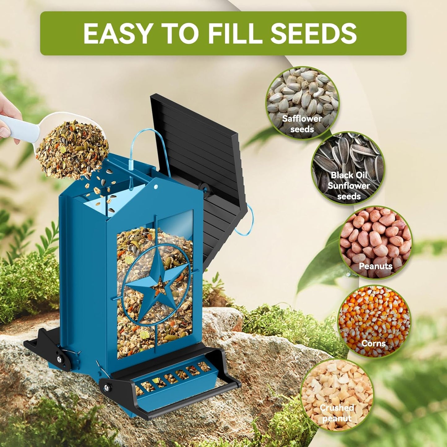 Squirrel Proof Bird Feeder for Outdoors Hanging, Metal Wild Bird Seed Feeder with Bilateral Weight-Activated Perches, 5LB Large Capacity Wild Bird Feeders for Outside Finch, Cardinal, Blue Jay