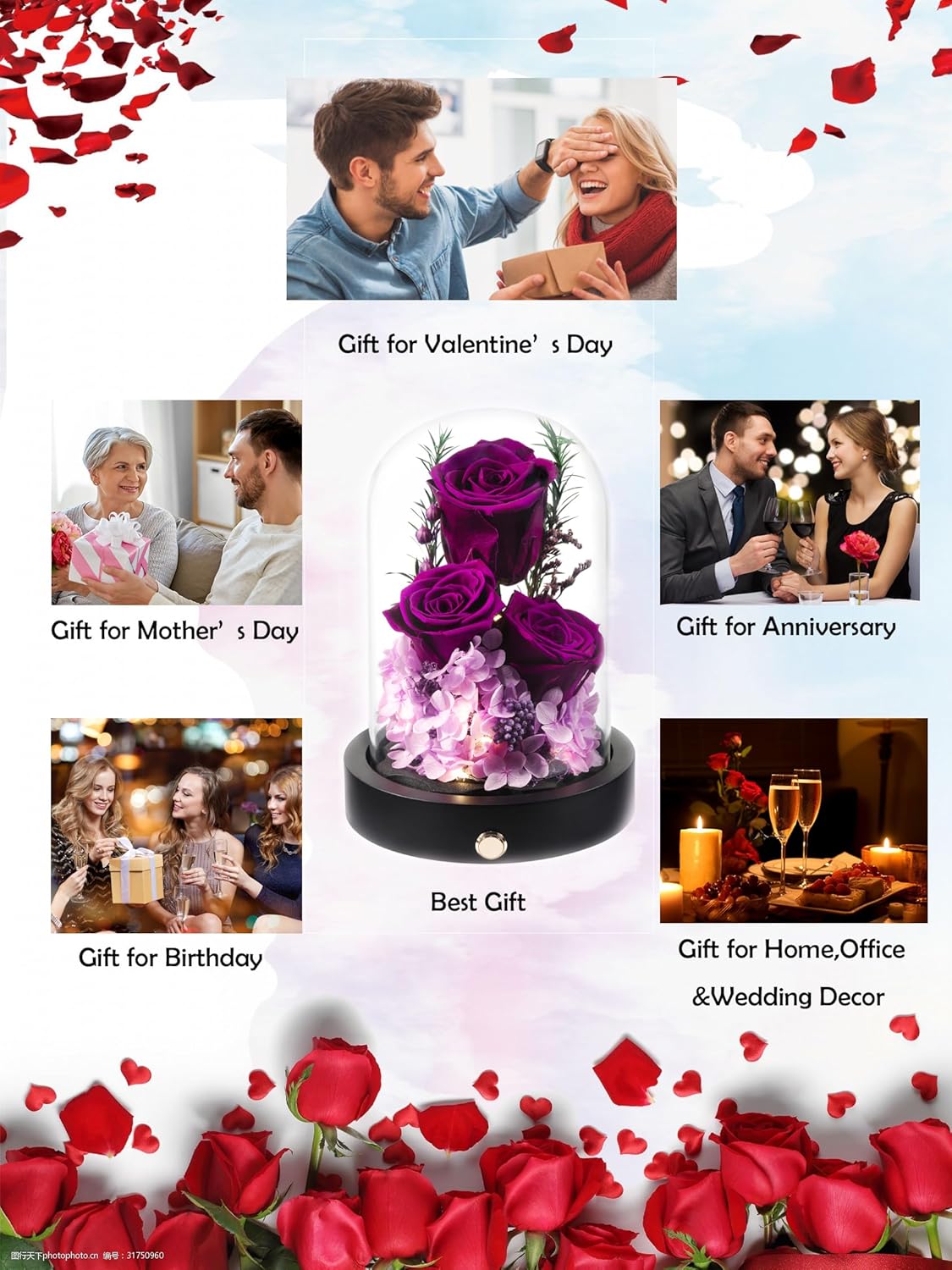 Flowers Roses Gifts for Mom, Purple Preserved Roses in Glass Dome, Mothers Day Valentines Day Anniversary Birthday Flowers Gifts for Wife Girlfriend Women Mom Her Mother