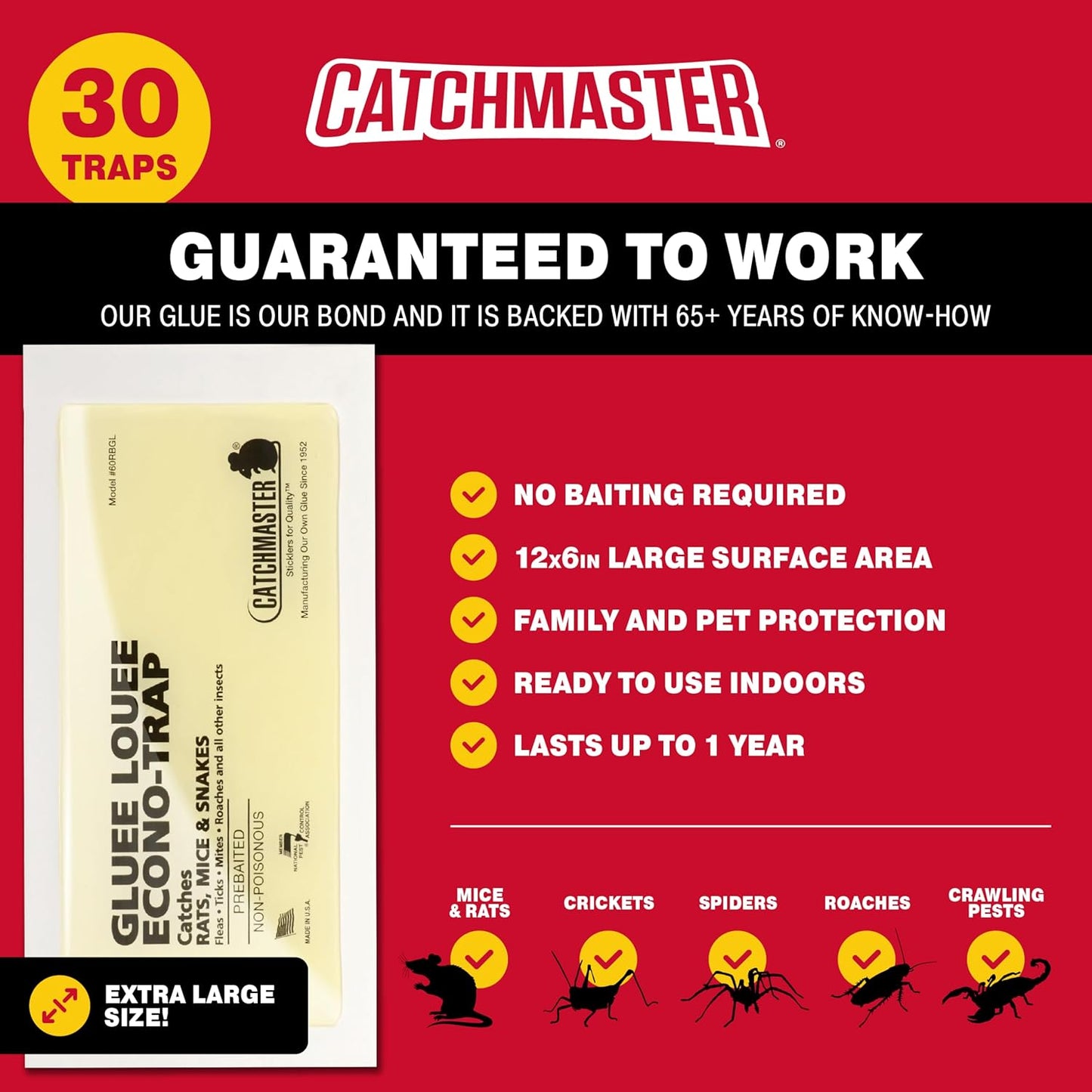 Catchmaster Gluee Louee Rat Extra Large Traps 30-PK, Heavy Duty Glue Trap, Mouse Traps for Home, Pest Control Adhesive Glue Boards for Inside House, Snake, Mice, & Spider Traps