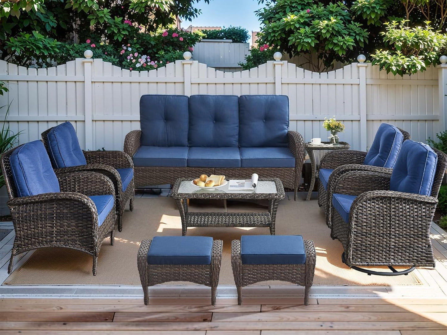 HUMMUH 9-Piece Outdoor Patio Furniture PE Wicker Patio Conversation Set,High Back Patio Couch with Ottomans Coffee Tables Outdoor Chairs for Backyard,Porch,Deck