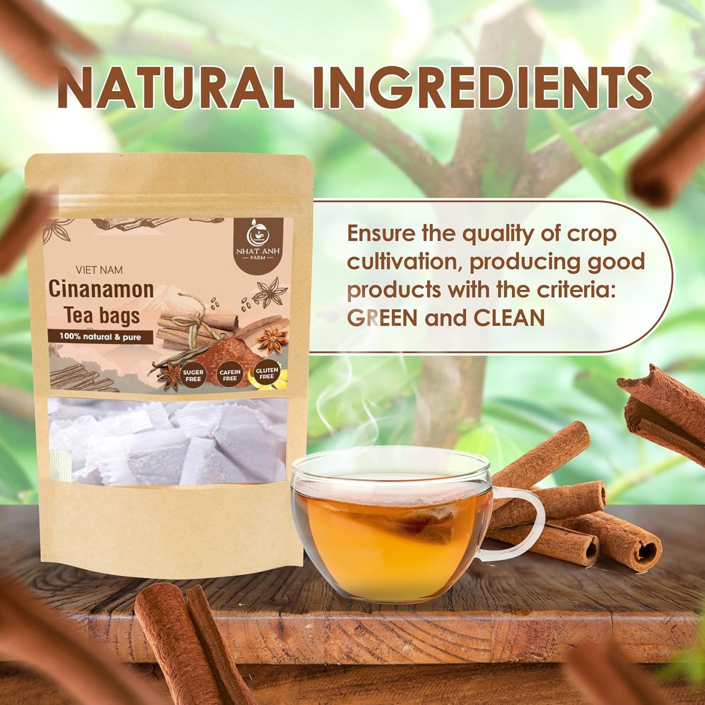 NHAT ANH FARM - Premium Cinnamon Tea Bags, 40 Teabags, 2g/bag, 100% Natural, Hand-Selected Cinnamon Tea Bags, No Additives, Sugar-Free,Caffeine-Free. Good For Your Health.