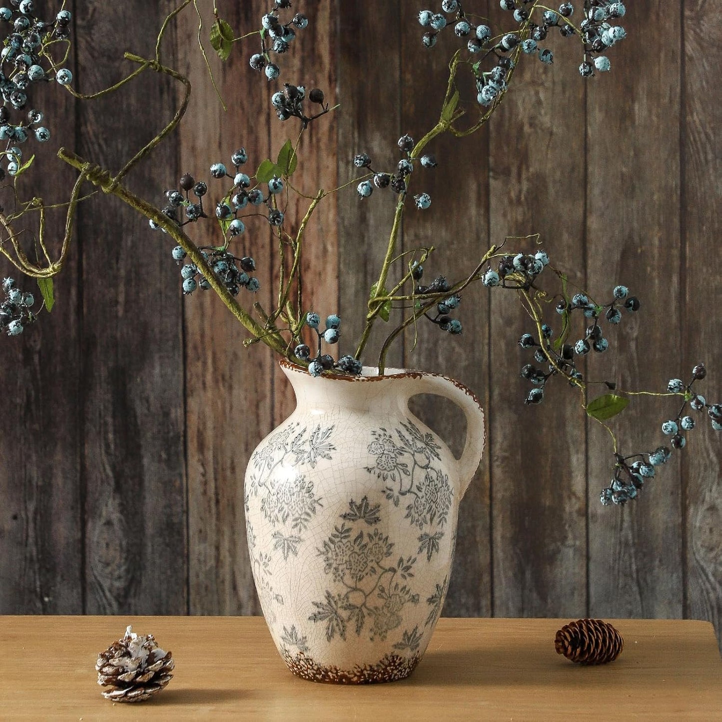Enra Vintage vase with Handle,Blue and White Ceramic Decorative Flower vase, Chinoiserie Floral Vase,Large Rustic Vases for Home Decors, Living Room, Bookshelf, Office，9.7 inch