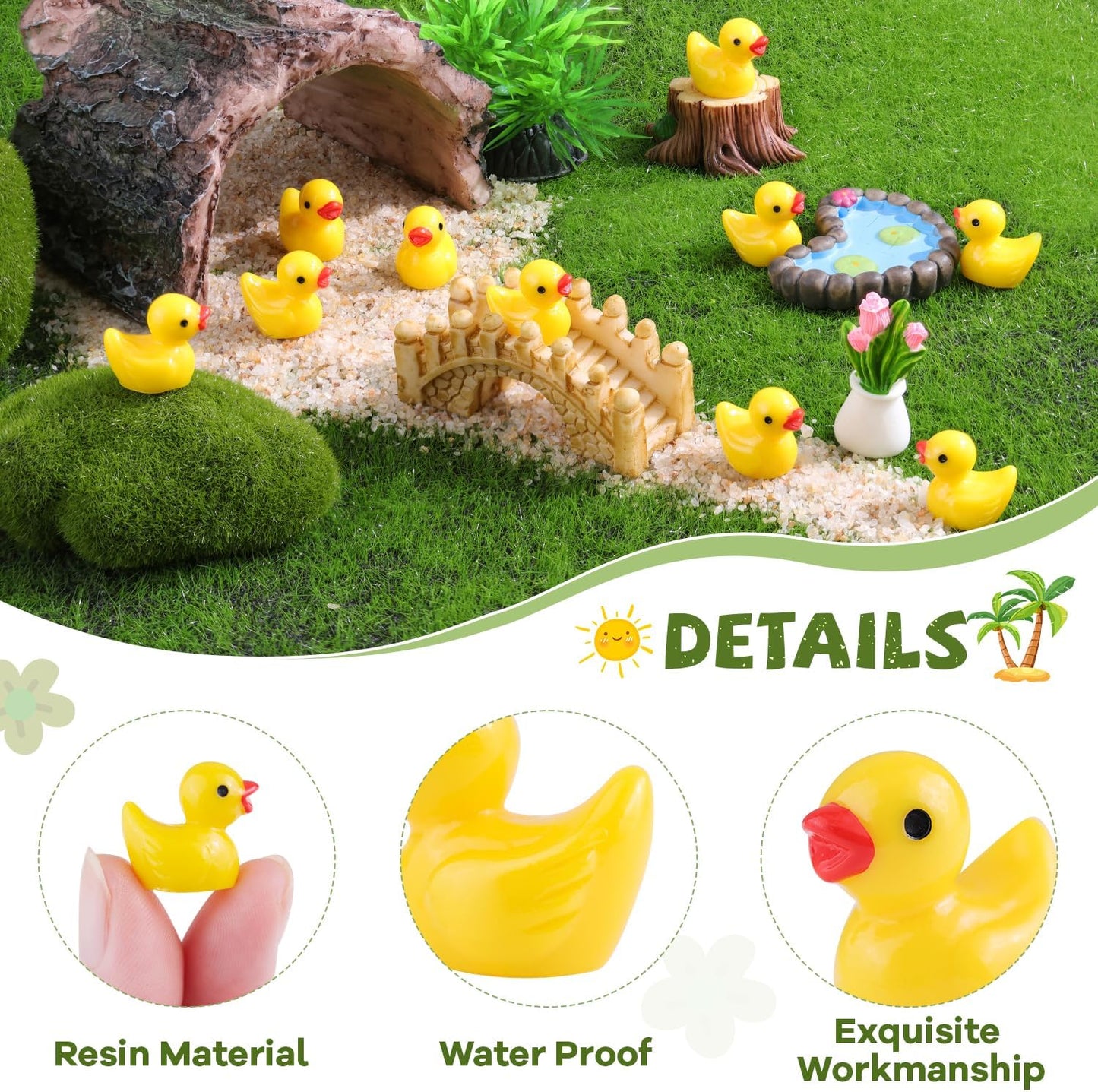 120PCS Mini Resin Animals Cute Yellow Tiny Ducks,Miniature Duck Figures to Hide,Little Animal Toys Small Figurines Bulk for Topper Desk Garden Dollhouse Landscape Aquarium Ornaments DIY Crafts & Decor