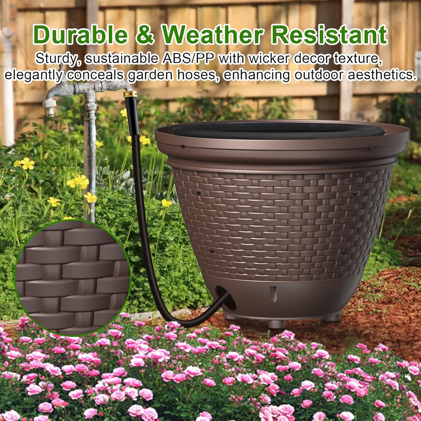 Riokko Garden Hose Holder Pot, Decorative Wicker Hose Holder, Water Hose Storage for Outside/Garage, Hose Box Fits 100-400 FT Hoses with 5 Drain Holes, Large Capacity & Assembly Required, Java