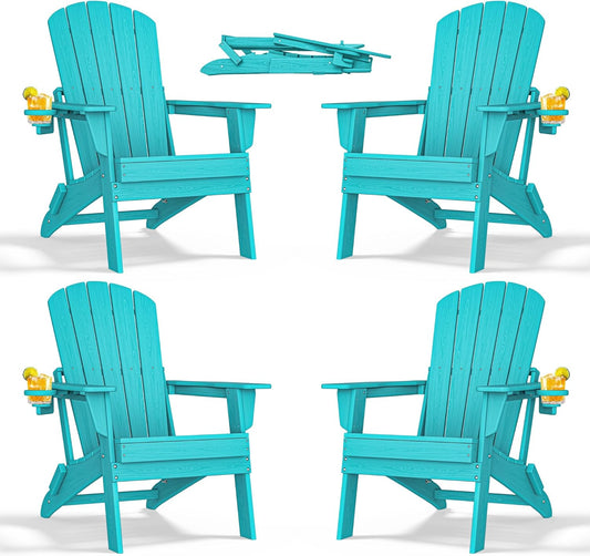 Folding Adirondack Chair - Extended Ergonomic Backrest, Cup Holder - Easy Assembly - Durable HDPE Plastic, Weather Resistant & Maintenance-Free - Lawn, Patio, Deck Supports 380lbs Aruba