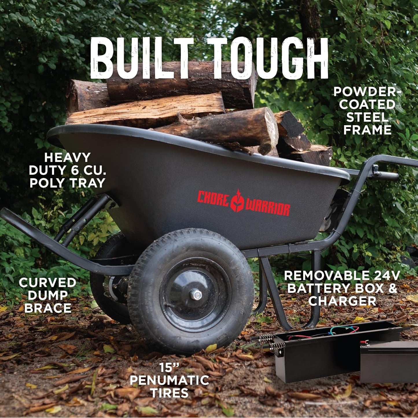 Electric Powered Wheelbarrow 350 LBS Capacity and 6 Cu FT Poly Tray 8 Hour Battery Life