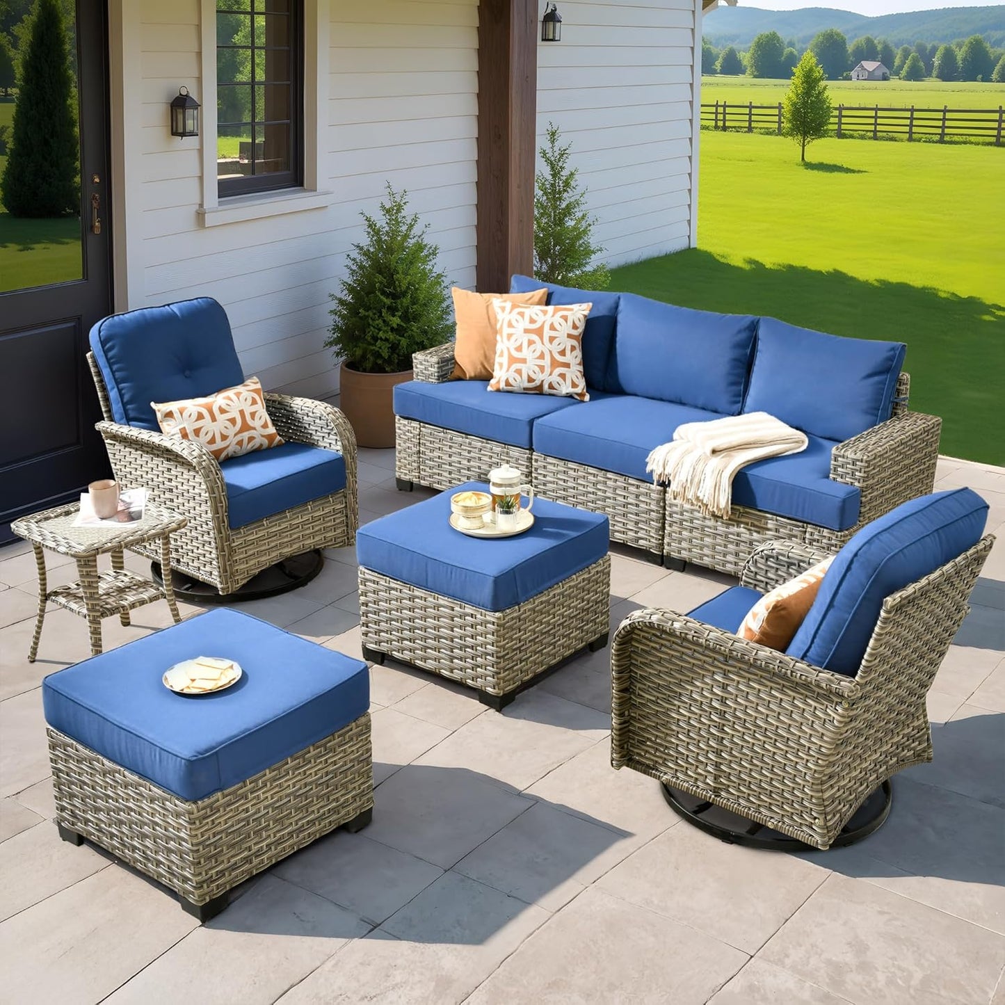 HOOOWOOO Outdoor Sectional Patio Furniture Set,8 Pieces Wicker Conversation Sets,Extra Deep Out Door Sofa Outside Furniture Couch with Swivel Chairs Ottoman,Navy Blue