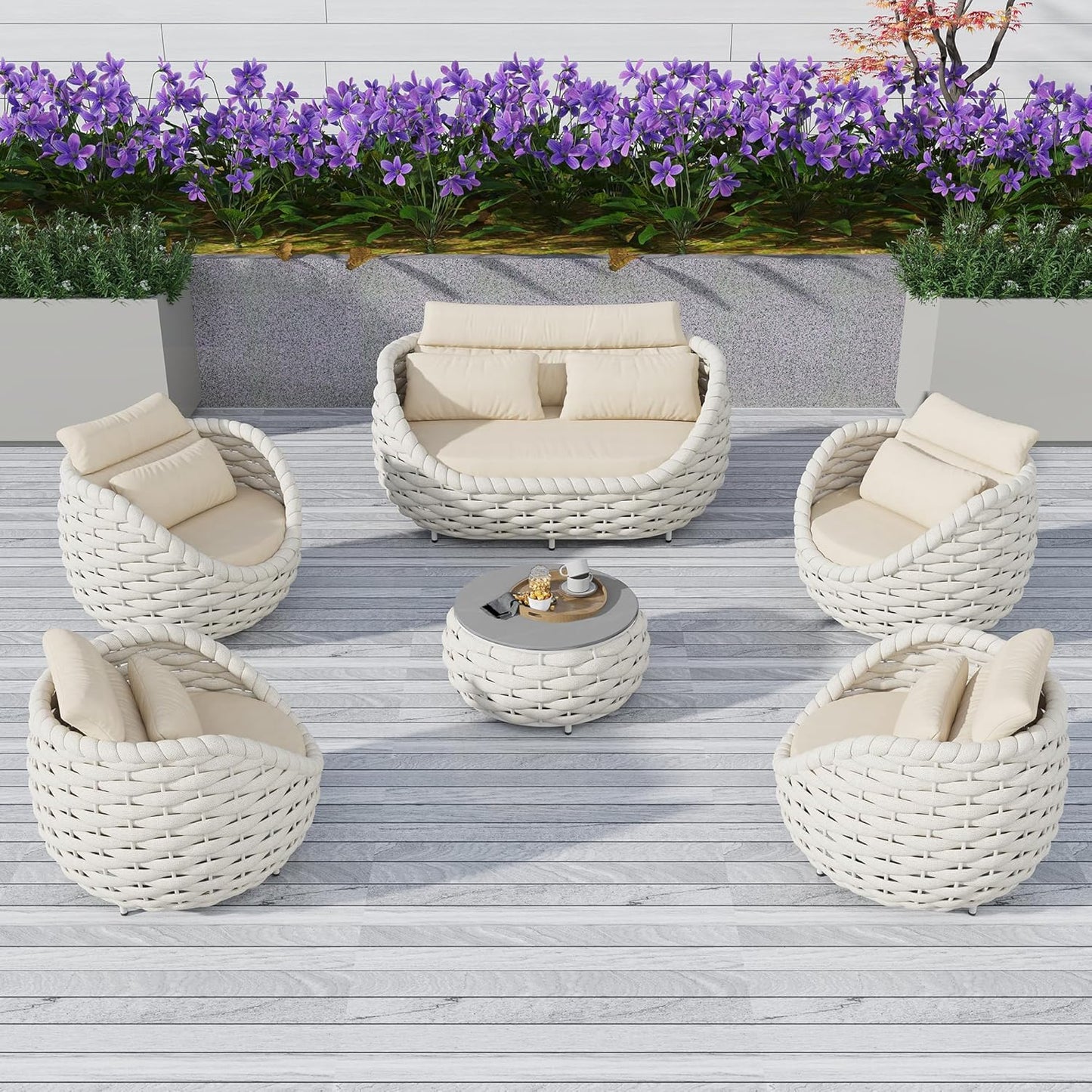 6-Piece Aluminum Patio Furniture Set, Olefin Rope Modern Outdoor Conversation Set Sectional Sofa with Water Repellent Thick Cushions and Coffee Table for Balcony, Garden, Beige