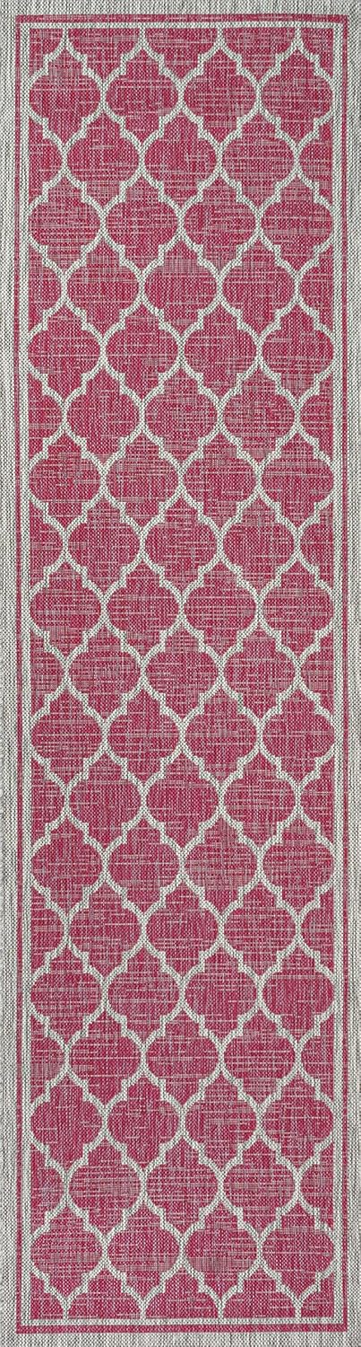 Eyely BMS109H-28 Santa Monica Trebol Moroccan Trellis Textured Weave Indoor/Outdoor Runner Rug Coastal;Bohemian, Bedroom, Backyard, Patio, Easy-Cleaning, Non-Shedding, 2 X 8, Fuchsia/Light Gray