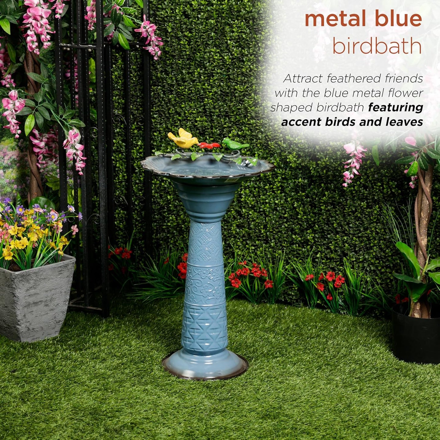 Alpine Corporation ORS112BL Vintage Metal Pedestal Birdbath with Stand, Shallow Bird Bath Bowl for Outside, 28" H, Blue