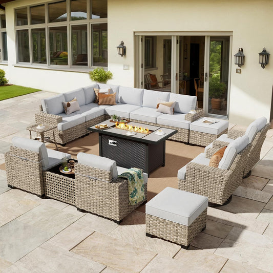 HOOOWOOO Outdoor Sectional Patio Furniture Set with Fire Pit Table,15 Pieces Wicker Conversation Sets L Shaped Couch,Extra Deep Out Door Sofa Outside Furniture with Swivel Chairs Ottomans,Light Gray