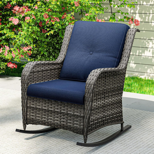 1 PC Outdoor Rocking Chair, Wicker Patio Rocker Chair for Yard, Porch, Mixed Brown Grey Rattan, Blue Cushions