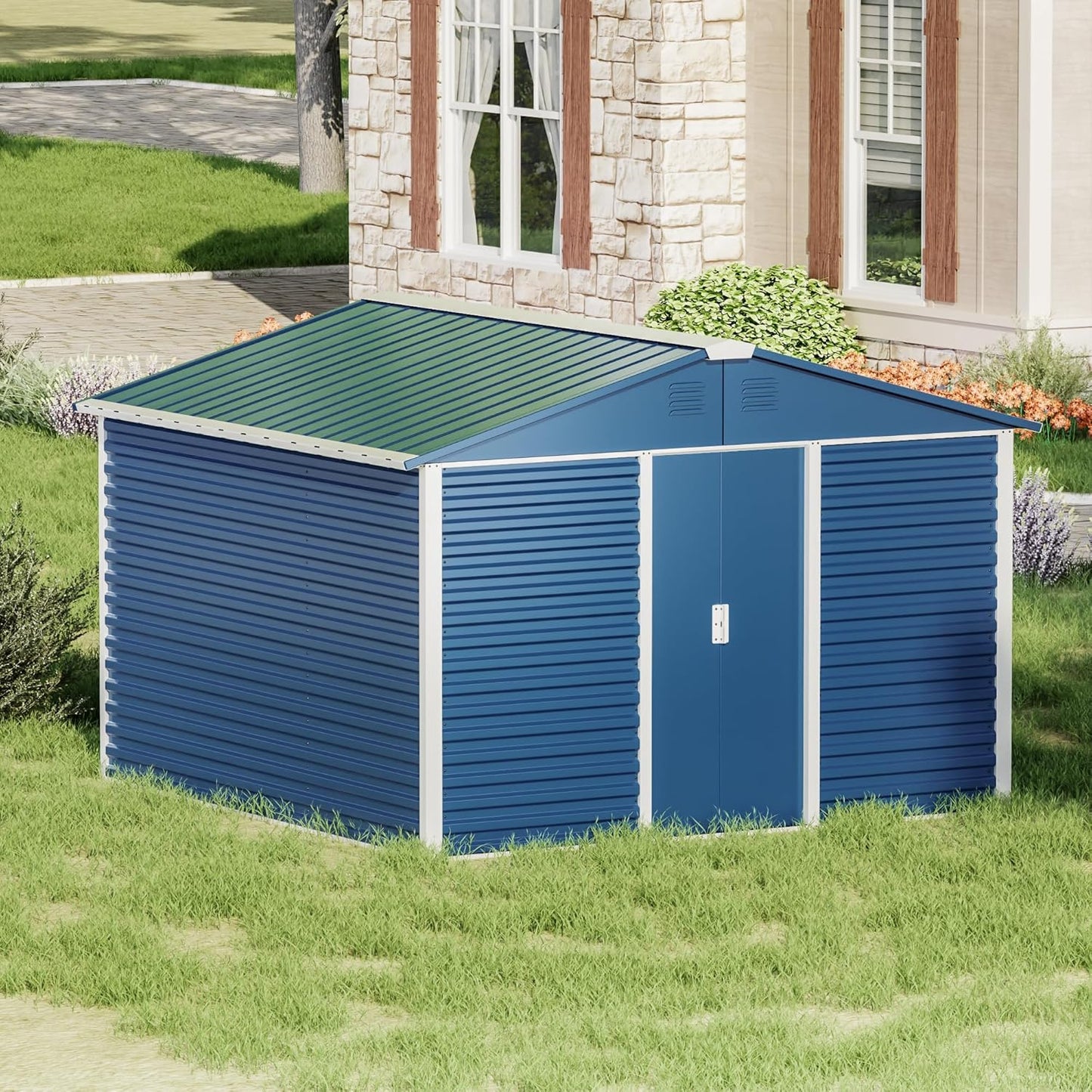 Metal Outdoor Storage Shed 10FT x 10FT, Steel Utility Tool Shed Storage House with Sliding Door, Metal Sheds Outdoor Storage for Backyard Garden Patio Lawn, Blue