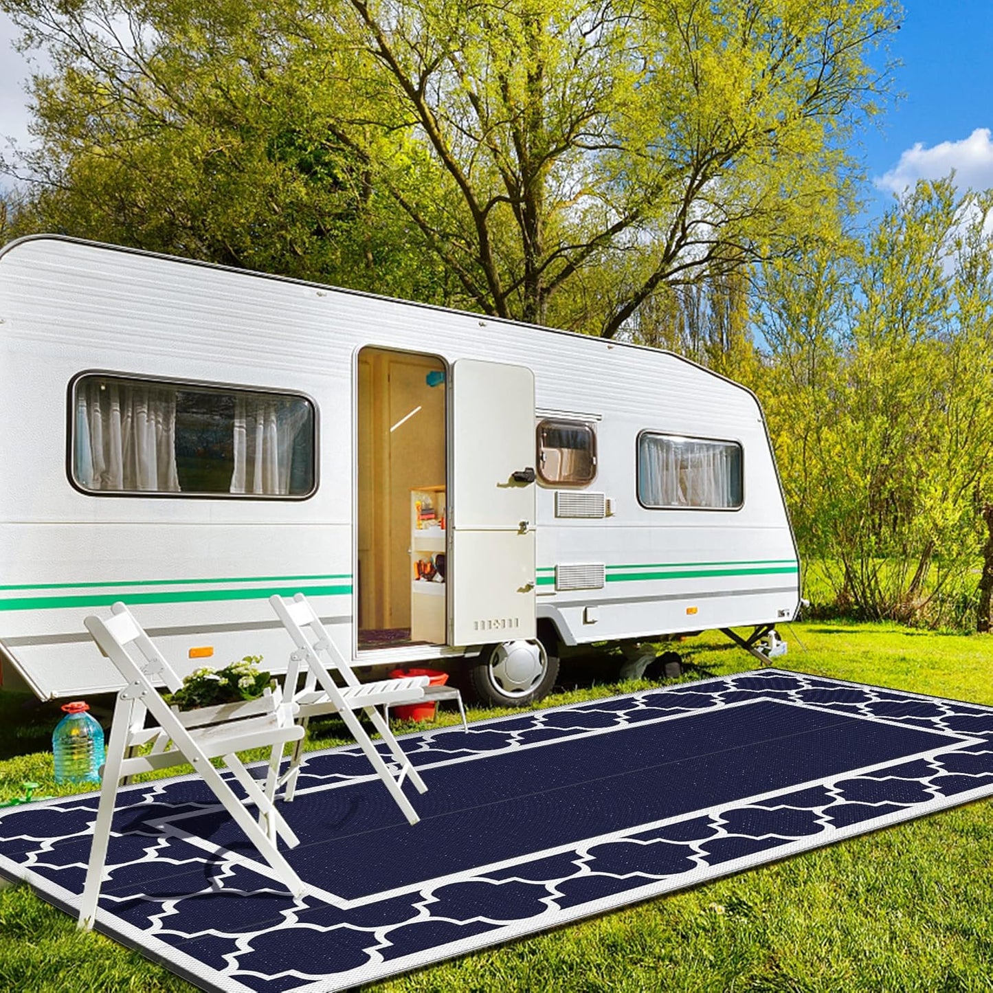 GENIMO 8' x 16' Outdoor Rug Waterproof for Patio, Foldable Reversible Plastic Straw Area Rugs Mat for Rv Decor, Outside Carpet for Camper, Deck, Picnic, Beach, Balcony, Porch, Blue & White