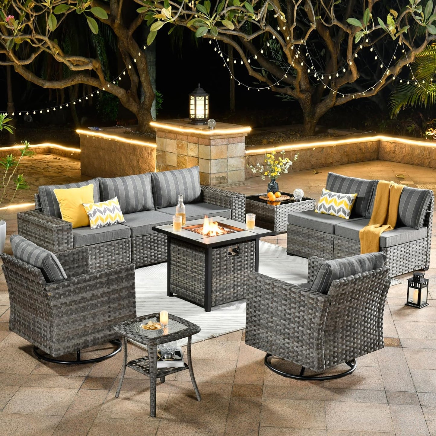 HOOOWOOO 10 Piece Modular Patio Outdoor Sectional Furniture Set with Gas Propane Fire Pit Table,Wicker Conversation Sofa Set with Swivel Chairs,Outside Couch Set(Grey Stripes)