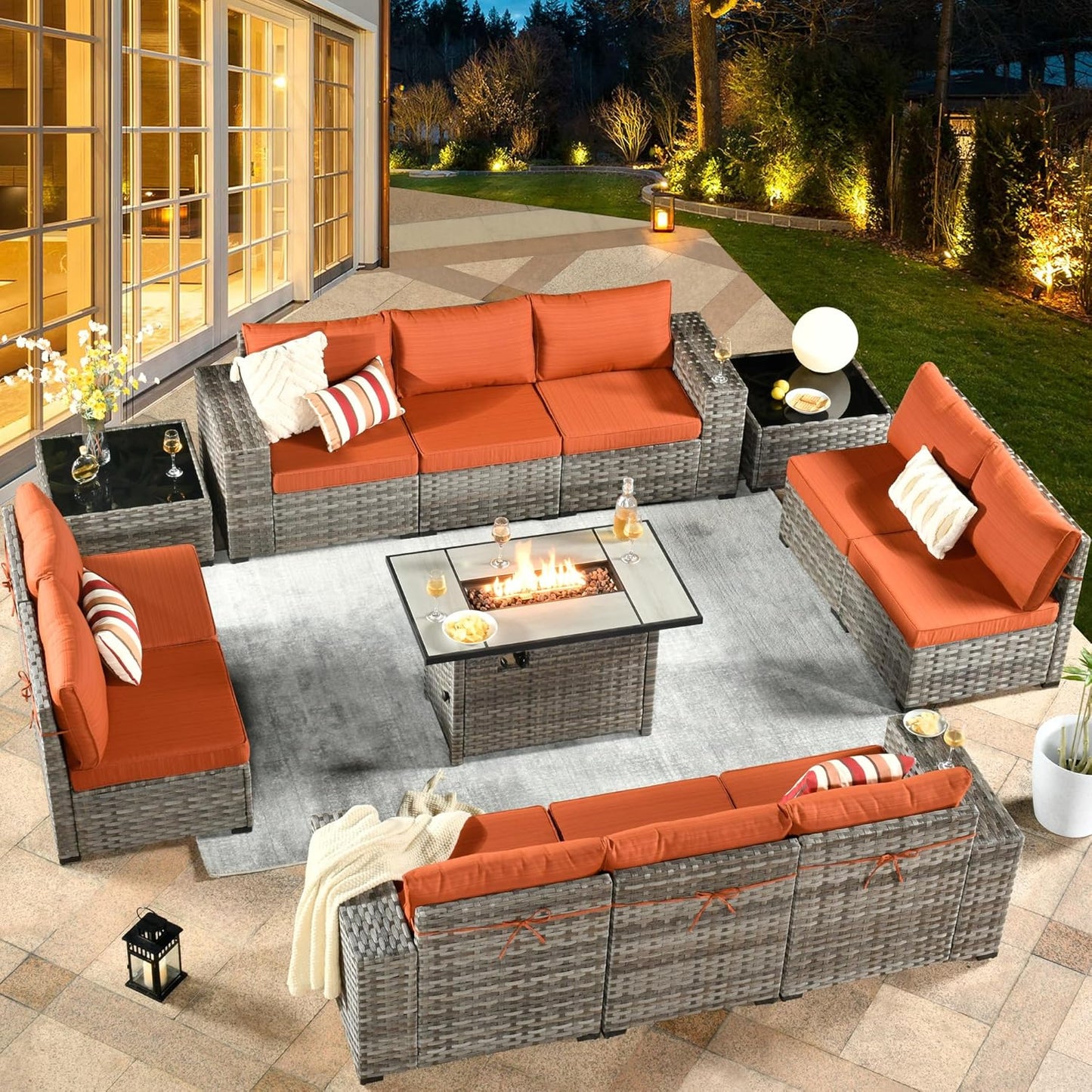 HOOOWOOO 13 Piece Modular Patio Outdoor Sectional Furniture Set with Gas Propane Fire Pit Table,Wicker Conversation Sofa Set,Out Door Couch Set with Wide Arm Outside(Orange Red)
