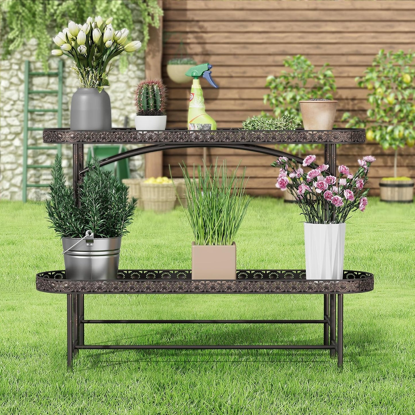 Plant Stand Outdoor Indoor 2 Tier Metal Pland Stand, Detachable Heavy Duty Tall Plant Shelf Rack Flower Pot Holder for Patio Garden Balcony Living Room, Distressed Vintage Black