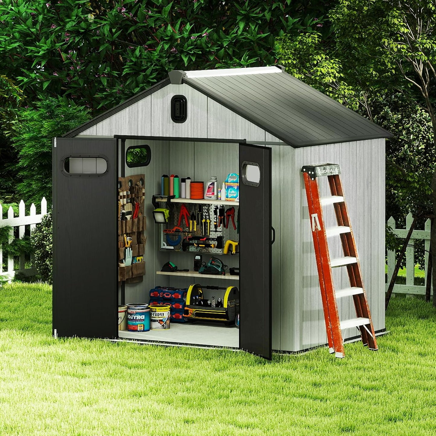 Domi 8x6FT Outdoor Resin Storage Shed with Transparent Windows & Louvered Vents, Plastic Tool Shed with Double Lockable Doors & Gable Roof, Outside Garden Shed for Backyard, Patio, Lawn, Grey