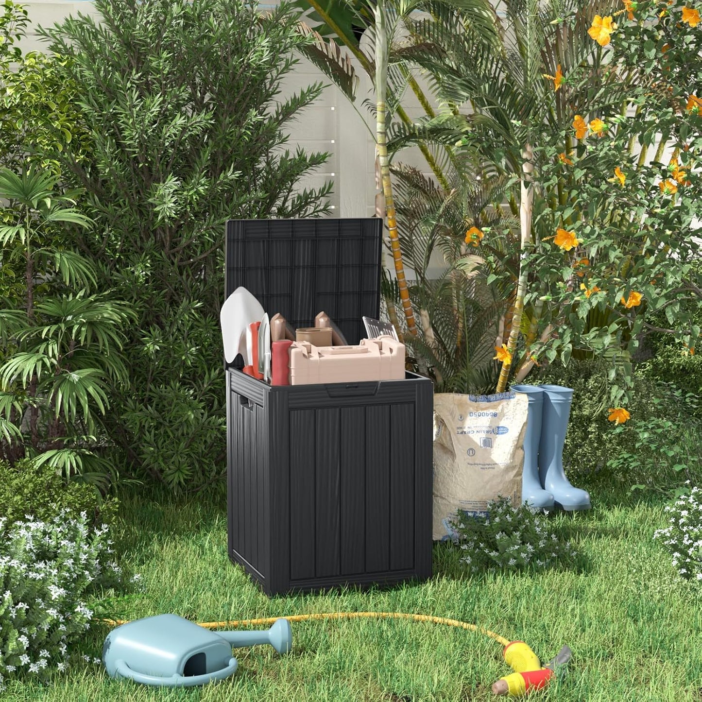 28 Gallon Outdoor Deck Box,Storage Lockable Waterproof Patio Furniture,Garden Tools,Cushions,Pool Accessories Outside Storage Resin Box(Black)