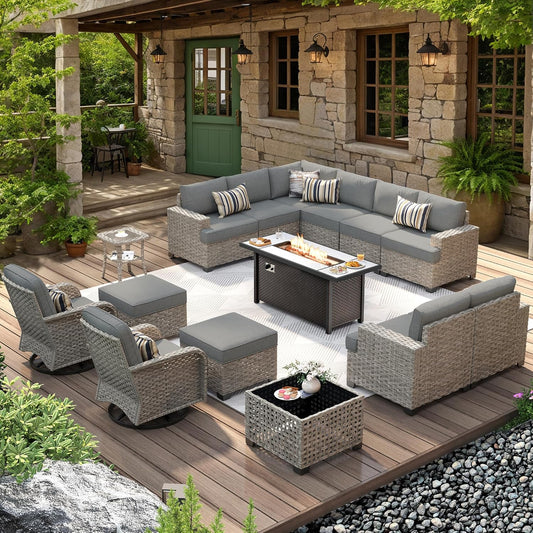 HOOOWOOO Outdoor Sectional Patio Furniture Set with Fire Pit Table,15 Pieces Wicker Conversation Sets L Shaped Couch,Extra Deep Out Door Outside Sofa Furniture with Swivel Chair Ottoman,Charcoal Gray