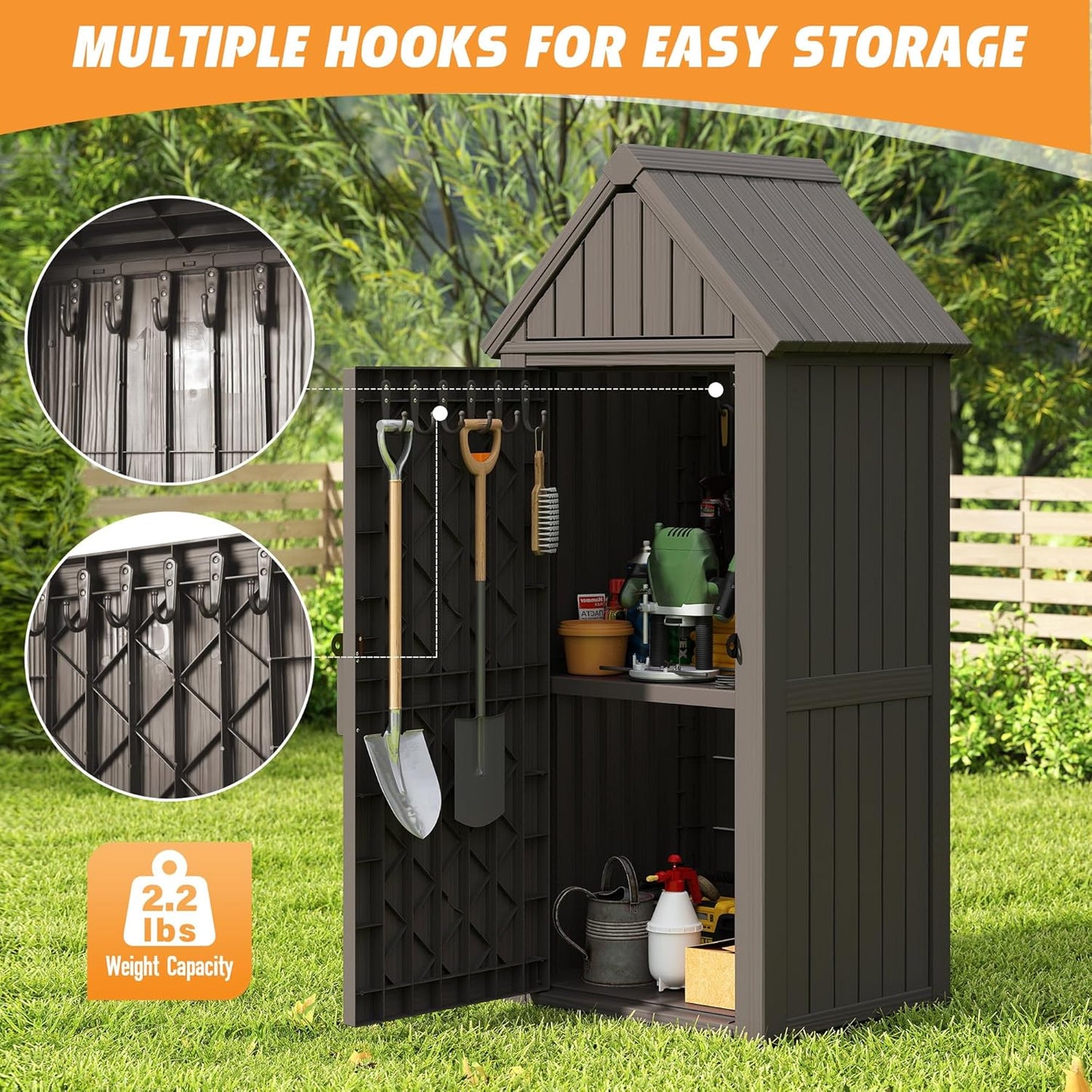 Shed Outdoor Storage Shed with Sloping Roof and Lockable Door, Resin Outdoor Storage Box Cabinet Waterproof and Multiple Hooks for Backyard, Patio, Poolside, Grey