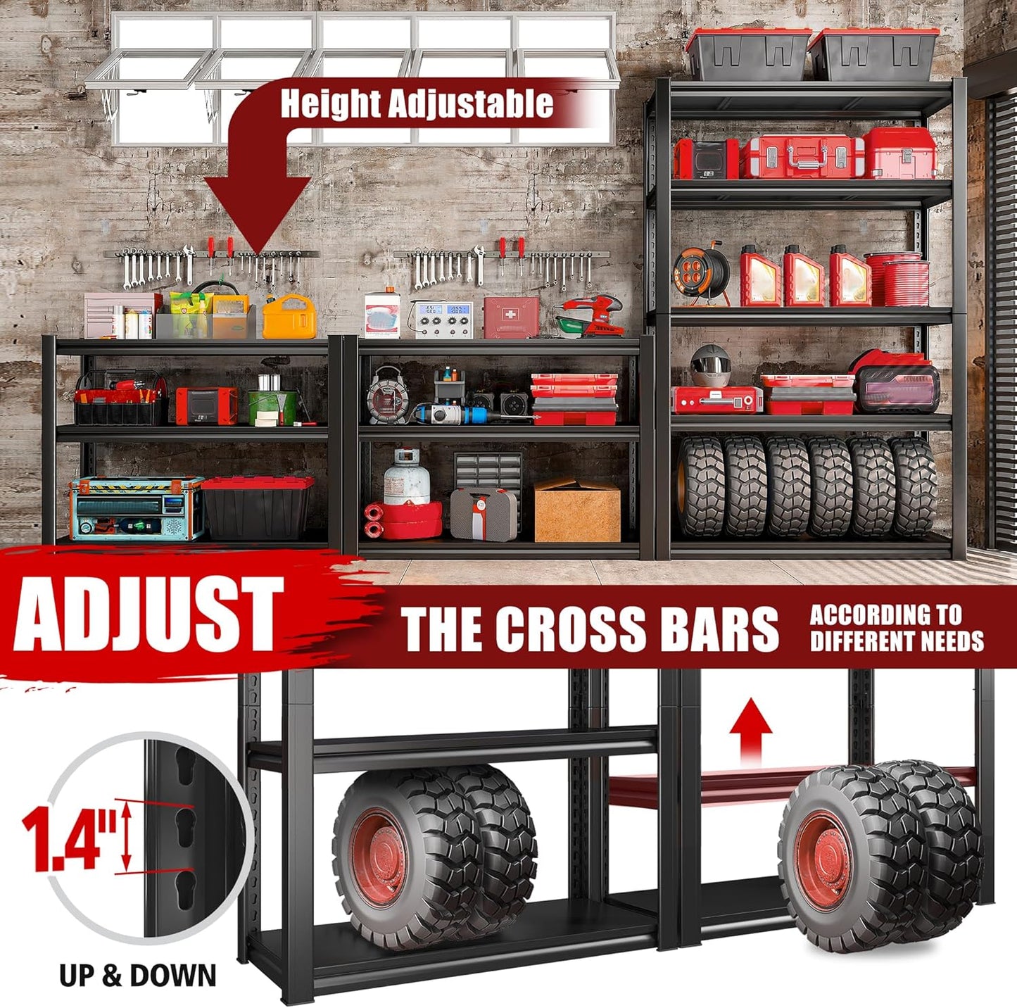 Raybee Storage Shelves 2000LBS Garage Shelving Heavy Duty, 5-Tier Adjustable Garage Shelves, Metal Shelving for Garage, Basement, Warehouse, Pantry, 72" H x 31.5" W x 16.5" D, 2PC, Black