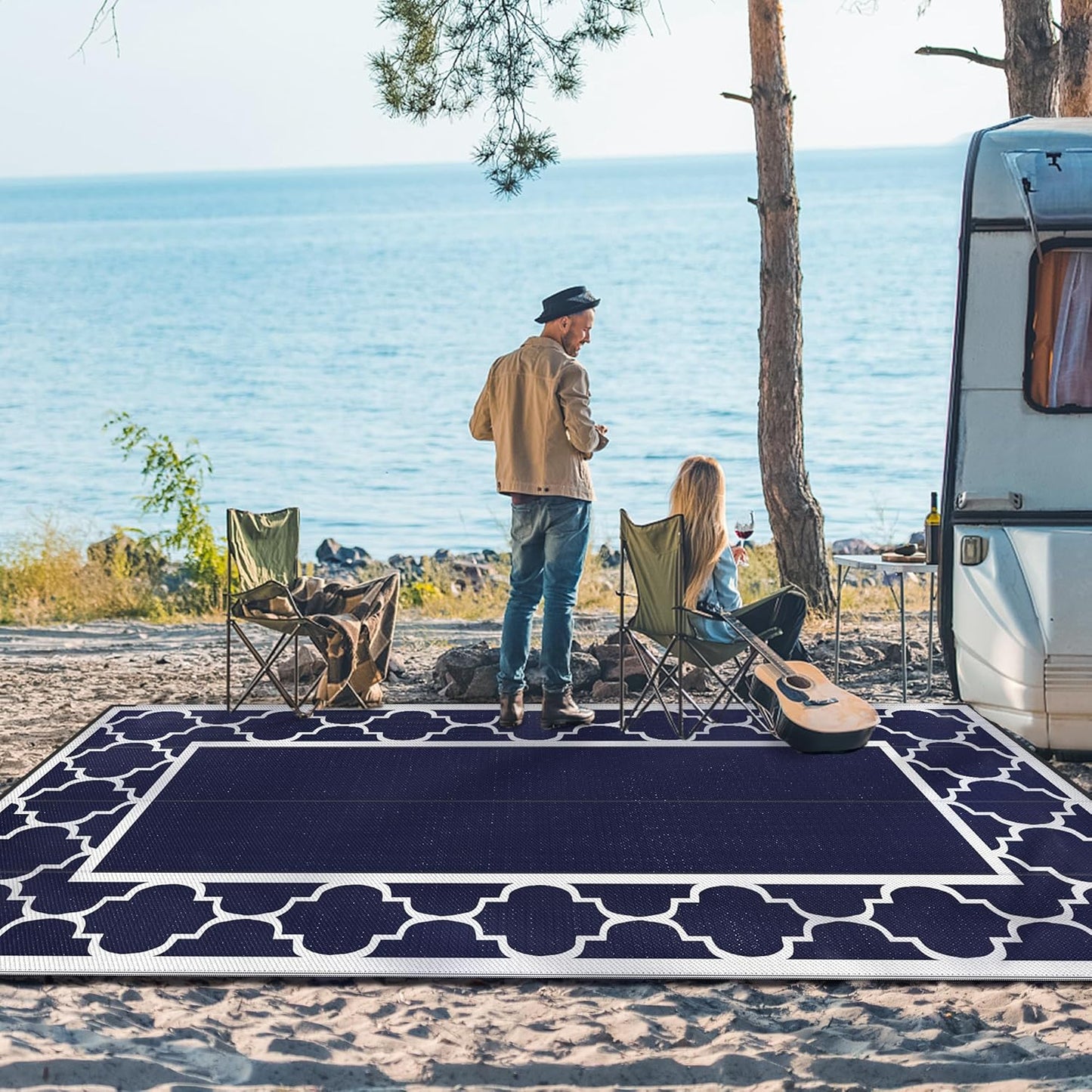GENIMO 8' x 16' Outdoor Rug Waterproof for Patio, Foldable Reversible Plastic Straw Area Rugs Mat for Rv Decor, Outside Carpet for Camper, Deck, Picnic, Beach, Balcony, Porch, Blue & White
