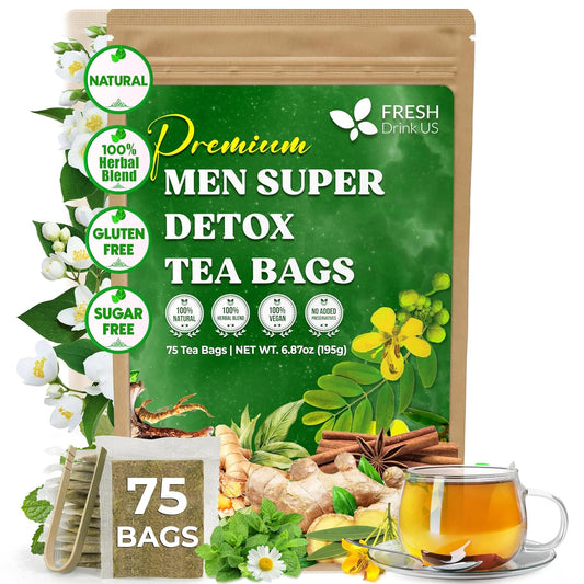 FreshDrinkUS, Premium 75 Tea Bags Men Super Detox Tea – Herbal Blend with Senna, Dandelion Root, Ginger, Peppermint & More – 100% Natural, Sugar-Free. Caffeine-Free. Gluten-Free. Vegan