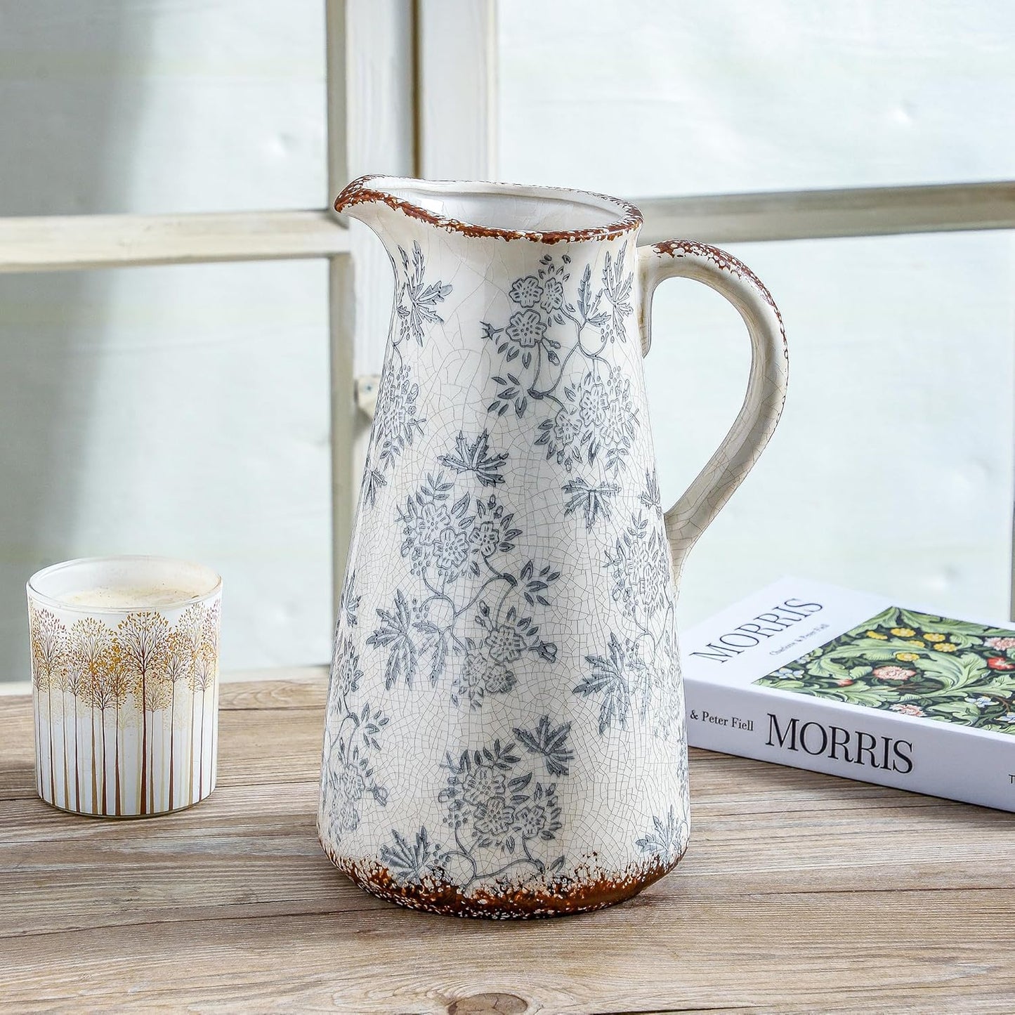 Enra Blue and White vase with Handle,12.2 inch Ceramic Vintage Decorative Flower Pitcher vase, Chinoiserie Floral Vase,Large Rustic Vases for Home Decors, Living Room, Bookshelf, Office