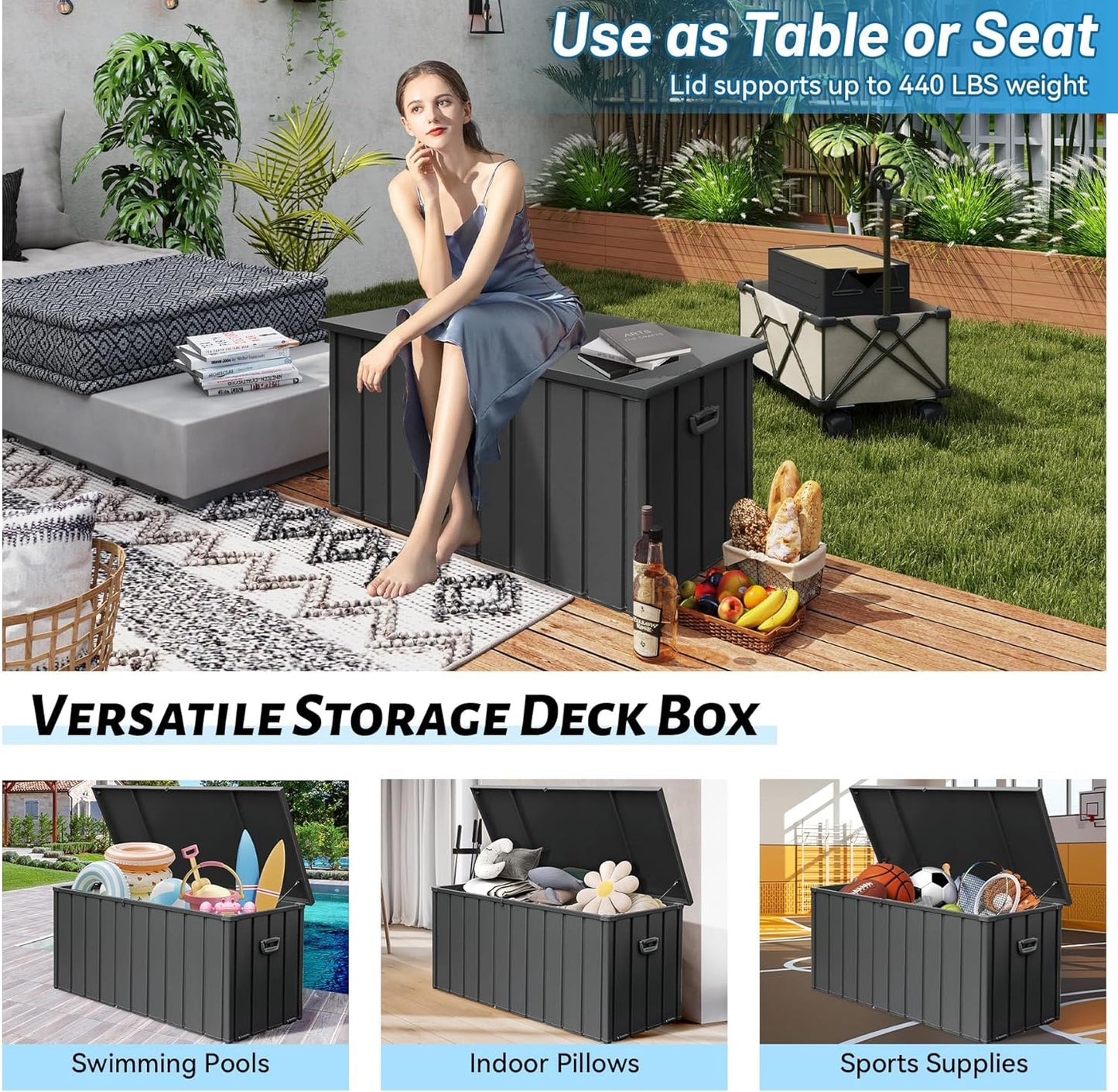 Metal Deck Box, 200 Gallon Outdoor Storage Box Waterproof, Large Patio Furniture Storage Cabinet, Lockable Storage Chest for Porch, Pillows, Cushions, Pool, Tools, Backyard -Grey