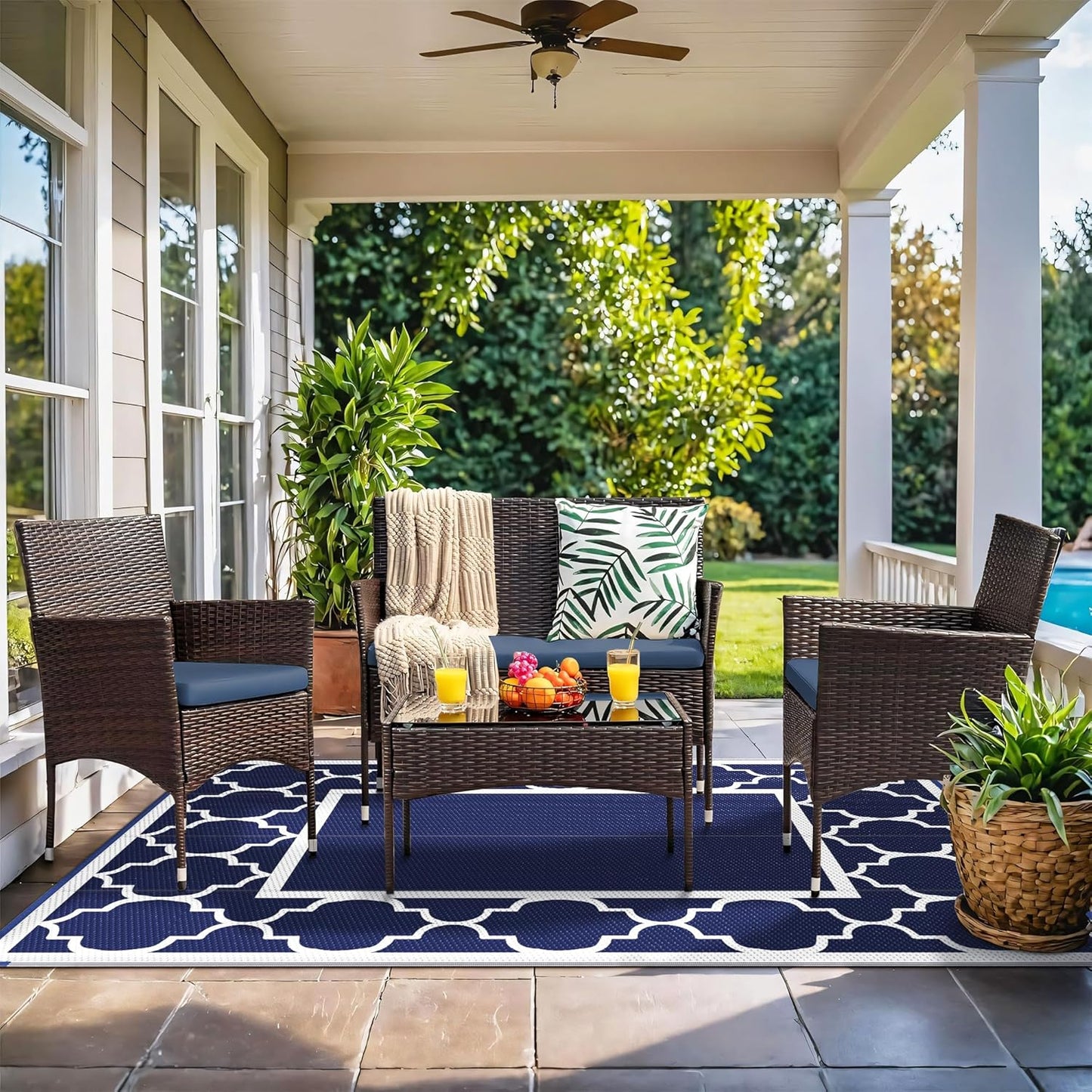 GENIMO 6' x 9' Outdoor Rug Waterproof for Patio Decor, Foldable Reversible Plastic Straw Area Rugs Mat for Camper, Outside Carpet for Rv, Deck, Porch, Picnic, Beach, Balcony, Blue & Grey