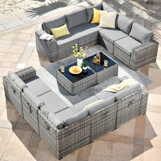HOOOWOOO 12 Piece Modular Patio Outdoor Sectional Furniture Sofa Set,Wicker Conversation Set,Out Door Couch Set with Wide Arm for Outside All Weather(Dark Grey)