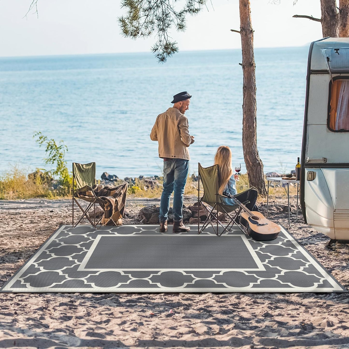 GENIMO 5 ' x 8 ' Outdoor Rug for Patio, Waterproof Indoor Outdoor Plastic Straw Rugs Carpet, Reversible Outside Area Mat for Camping, Balcony Porch, Deck, Picnic, Beach Grey & Beige White