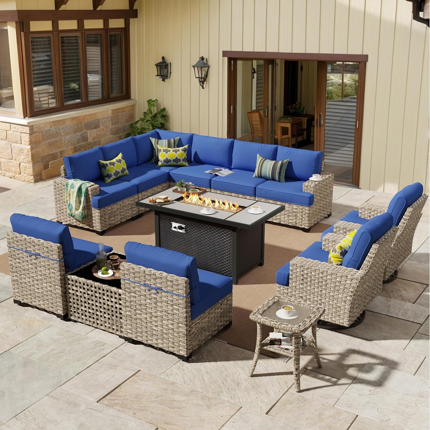 HOOOWOOO Outdoor Sectional Patio Furniture Set with Fire Pit Table,13 Pieces Wicker Conversation Sets L Shaped Couch,Extra Deep Out Door Sofa Outside Furniture with Swivel Chairs,Navy Blue