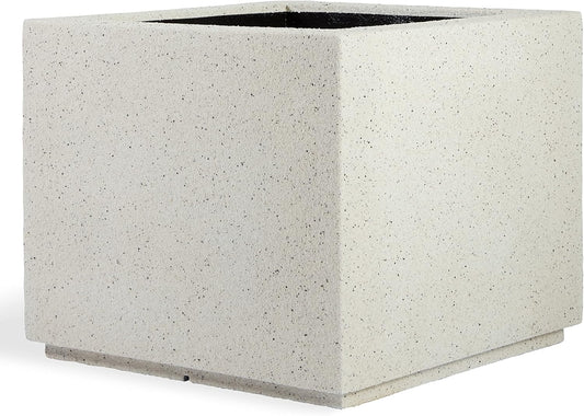 PolyStone Monterray Modern Outdoor/Indoor Square Planter, 23" L x 23" W x 19" H, Lightweight, Heavy Duty, Weather Resistant, Polymer Finish, Commercial Grade and Residential (White Granite)