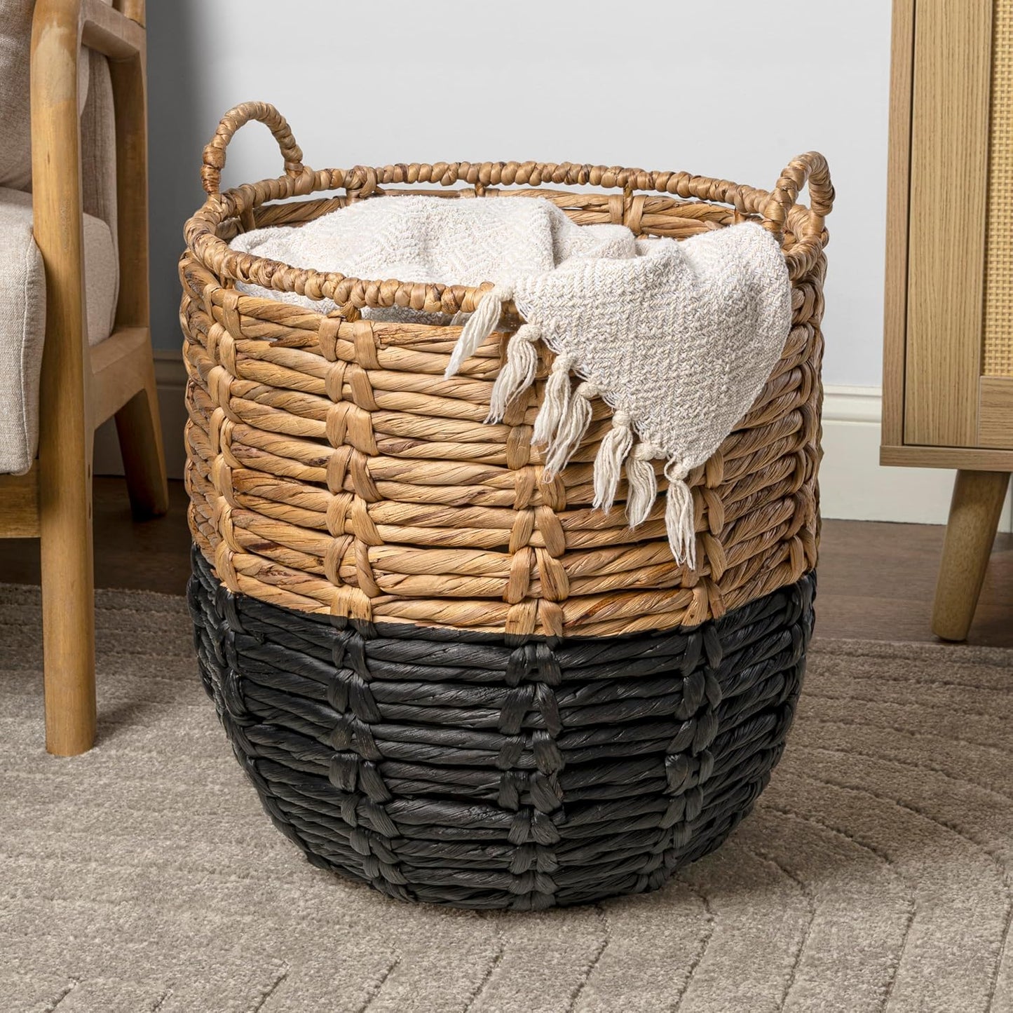 happimess BSK1003D Laurel 19.49" Bohemian Handwoven Abaca Hamper Basket with Handles, Seagrass Container for Decoration in Bedroom, Living Room, Laundry Room, Entryway, Natural, Natural/Black