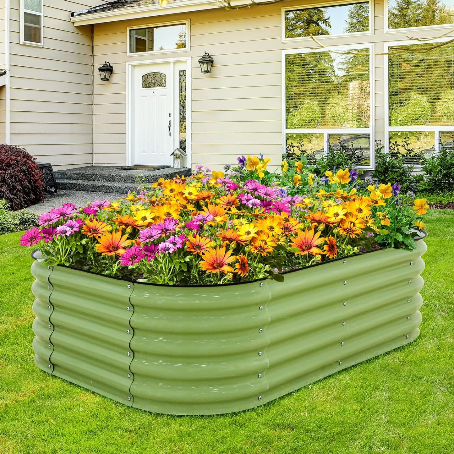 EAGLE PEAK 17'' Tall Outdoor Galvanized Raised Garden Bed Planter, Planter Boxes for Outdoor Plants, Vegetables, Flowers, and Herbs 6 in 1 Modular Design, Olive Green