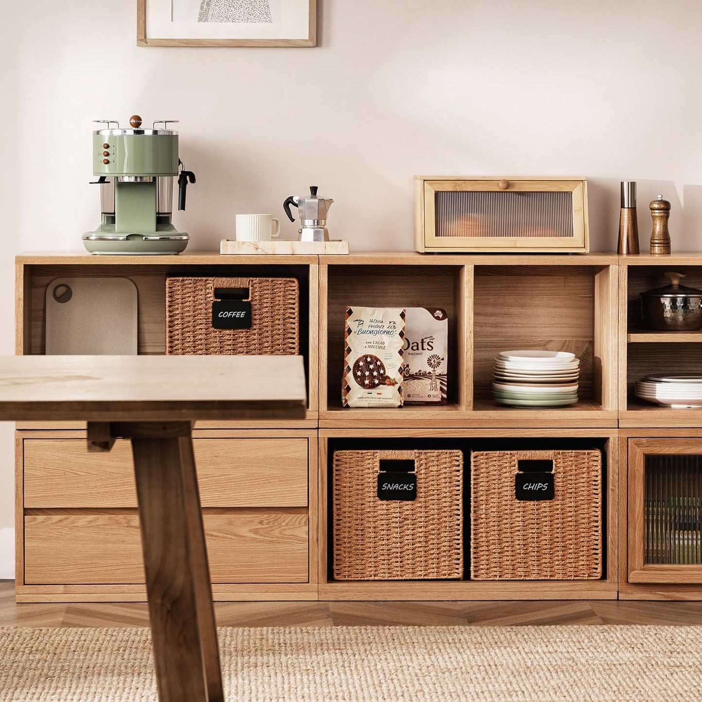 UBBCARE 2 Pack Wicker Basket, 13×13 Storage Cubes with Label, Foldable Cube Storage Bin with Handle, Square Storage Basket for Shelves, Woven Paper Rope Basket for Organizing, Caramel