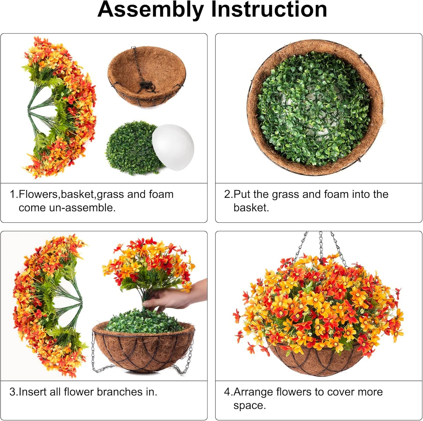 Artificial Silk Flowers Hanging Baskets Outdoors,Chrysanthemum with Eucalyptus Leaves Arrangement for Garden Yard Decor,Faux Plant in Metal Coconut Lining Flowerpot(Orange)