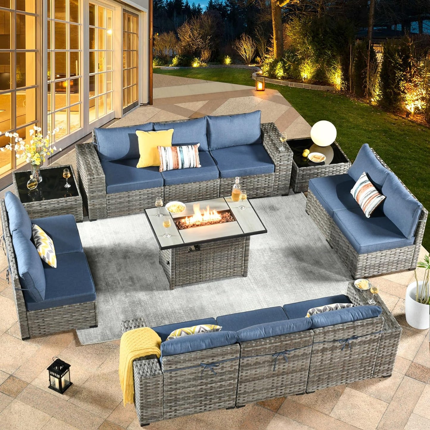 HOOOWOOO 13 Piece Modular Patio Outdoor Sectional Furniture Set with Gas Propane Fire Pit Table,Wicker Conversation Sofa Set,Out Door Couch Set with Wide Arm Outside(Denim Blue)