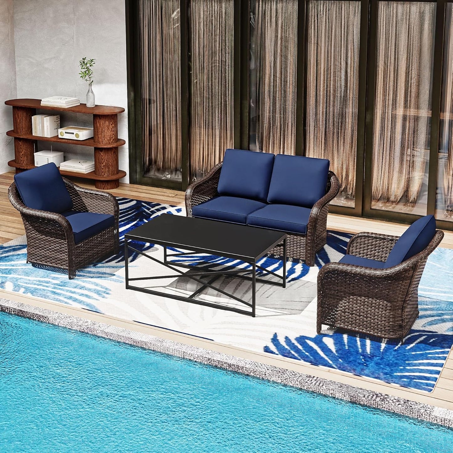 4 Pieces Outdoor Conversation Furniture Set, 55" Patio Couch，47" Metal Coffee Table, 2 Chairs, Rattan Wicker Sofa with Removable Cushions for Bistro, Deck (Navy Blue)