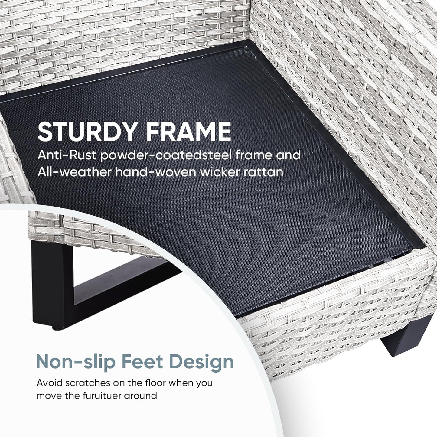 HUMMUH 3PCS Outdoor Chairs PE Wicker Patio Chairs and Side Table Metal Frame Porch Chairs with 4 inch Seat Blue Cushions