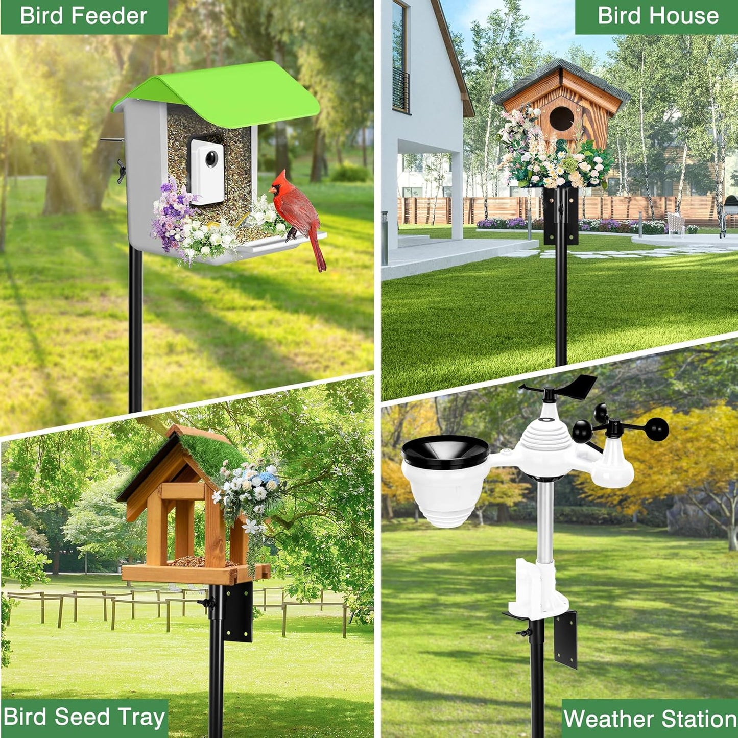 Bird House Pole, 95 Inch Heavy Duty Bird Feeder Pole Mount Kit for Outdoors, Adjustable Bird Feeding Stand, with 2-Hooks, 5-Prong Base for Birds Watching