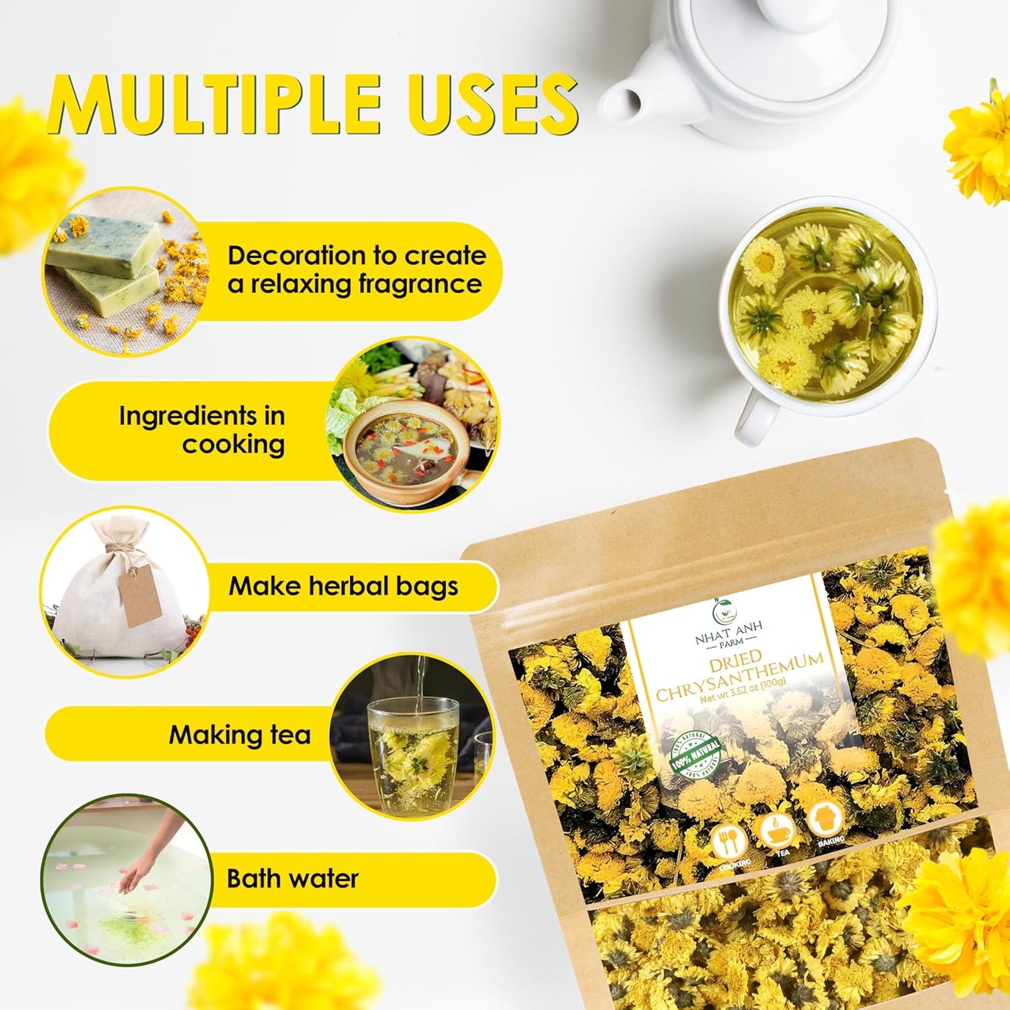 Nhat Anh Farm - Premium Dried Chrysanthemum - 3,5oz(100g) Dried Chrysanthemum Flowers - 100% Natural & Pure - Sugar/Caffeine/Gluten Free. For Making Tea