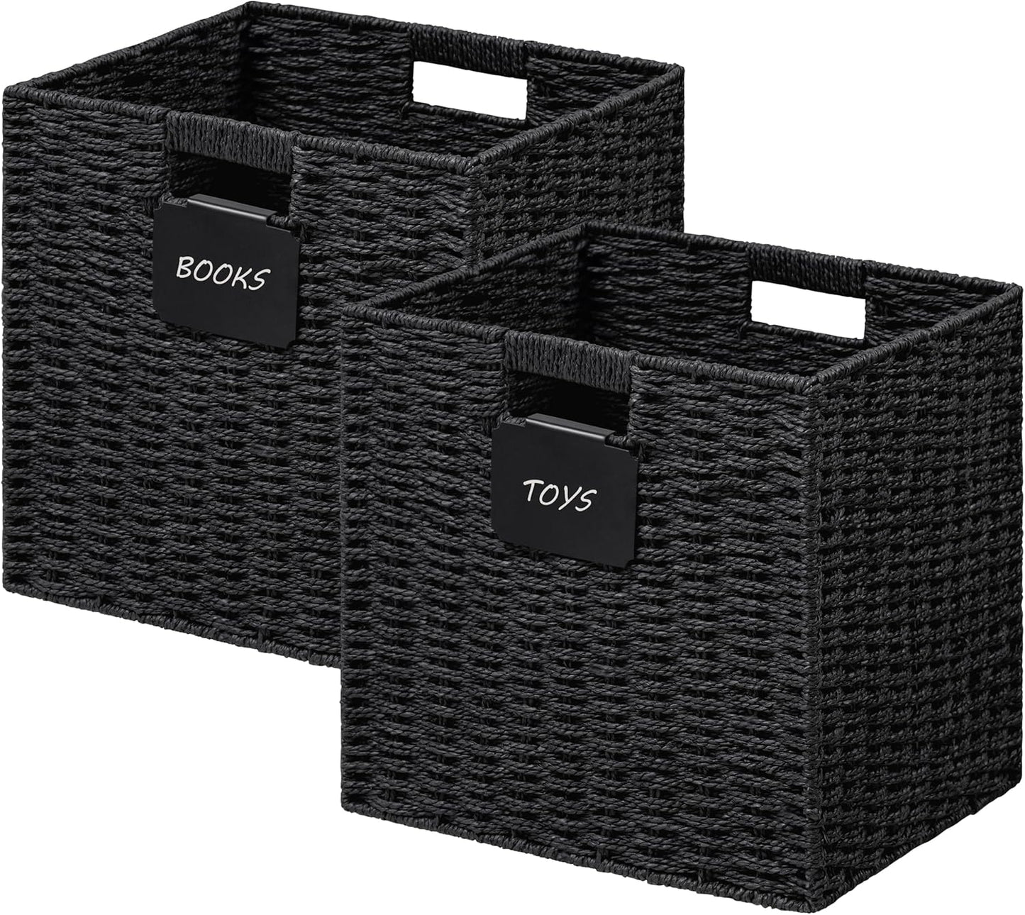 UBBCARE 2 Pack Wicker Basket, 13×13 Storage Cubes with Label, Foldable Cube Storage Bin with Handle, Square Storage Basket for Shelves, Woven Paper Rope Basket for Organizing, Black