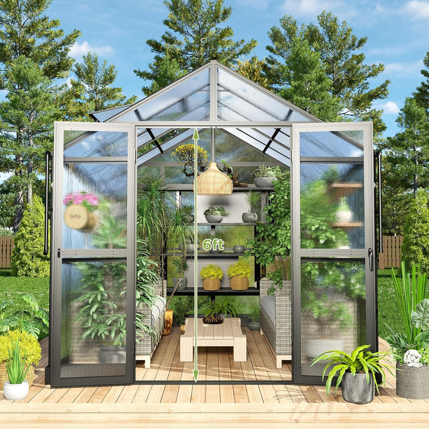 HOWE 8x10x7.5 FT Polycarbonate Greenhouse Double Swing Doors 2 Vents 5.2FT Added Wall Height, Walk-in Large Aluminum Greenhouse Sunroom Winter Greenhouse for Outdoors, Black (54FG-5)