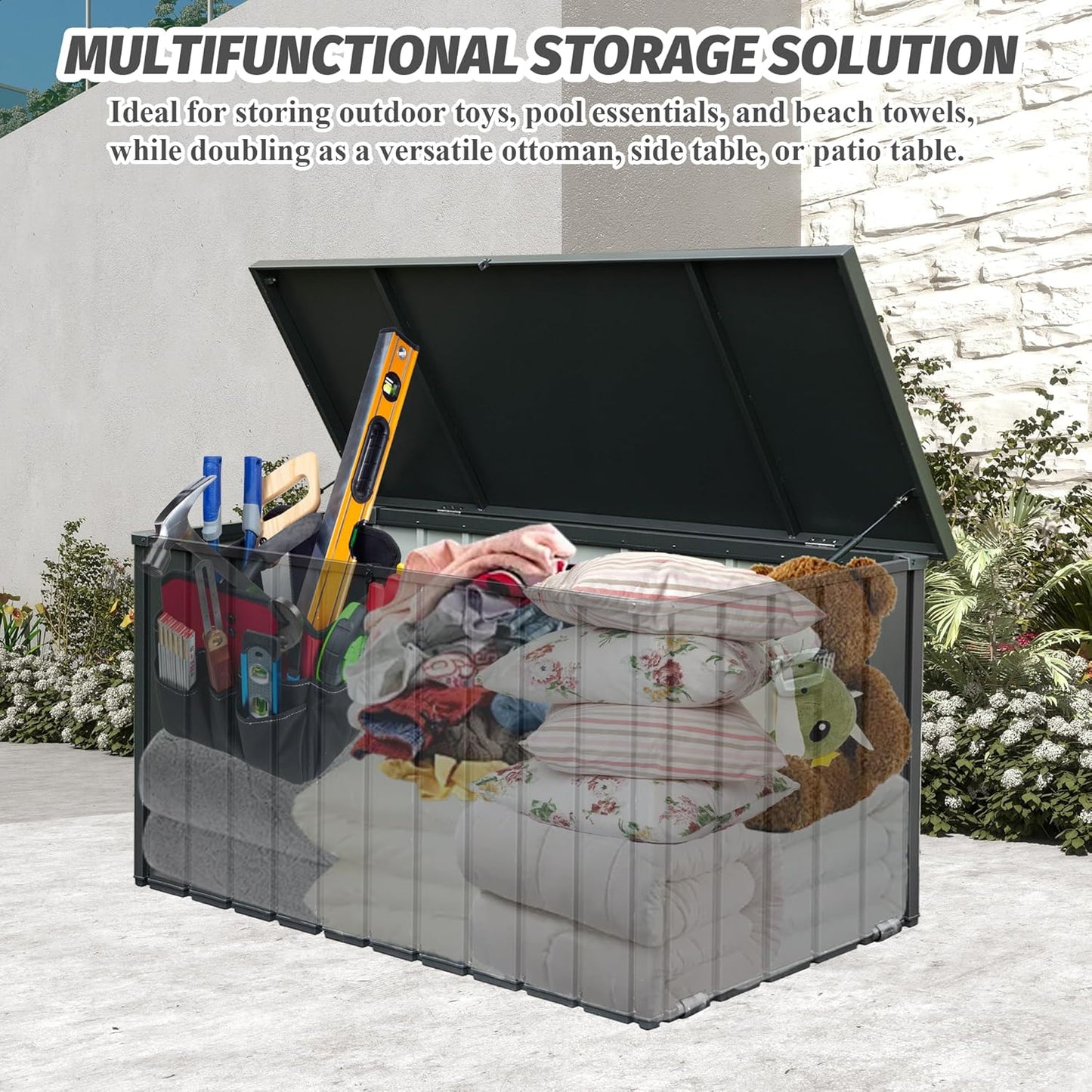 Domi Deck Box 190 Gallon, Waterproof Lockable Steel Outdoor Storage Container for Outside Cushions, Garden Tools and Pools Equipment, Gray