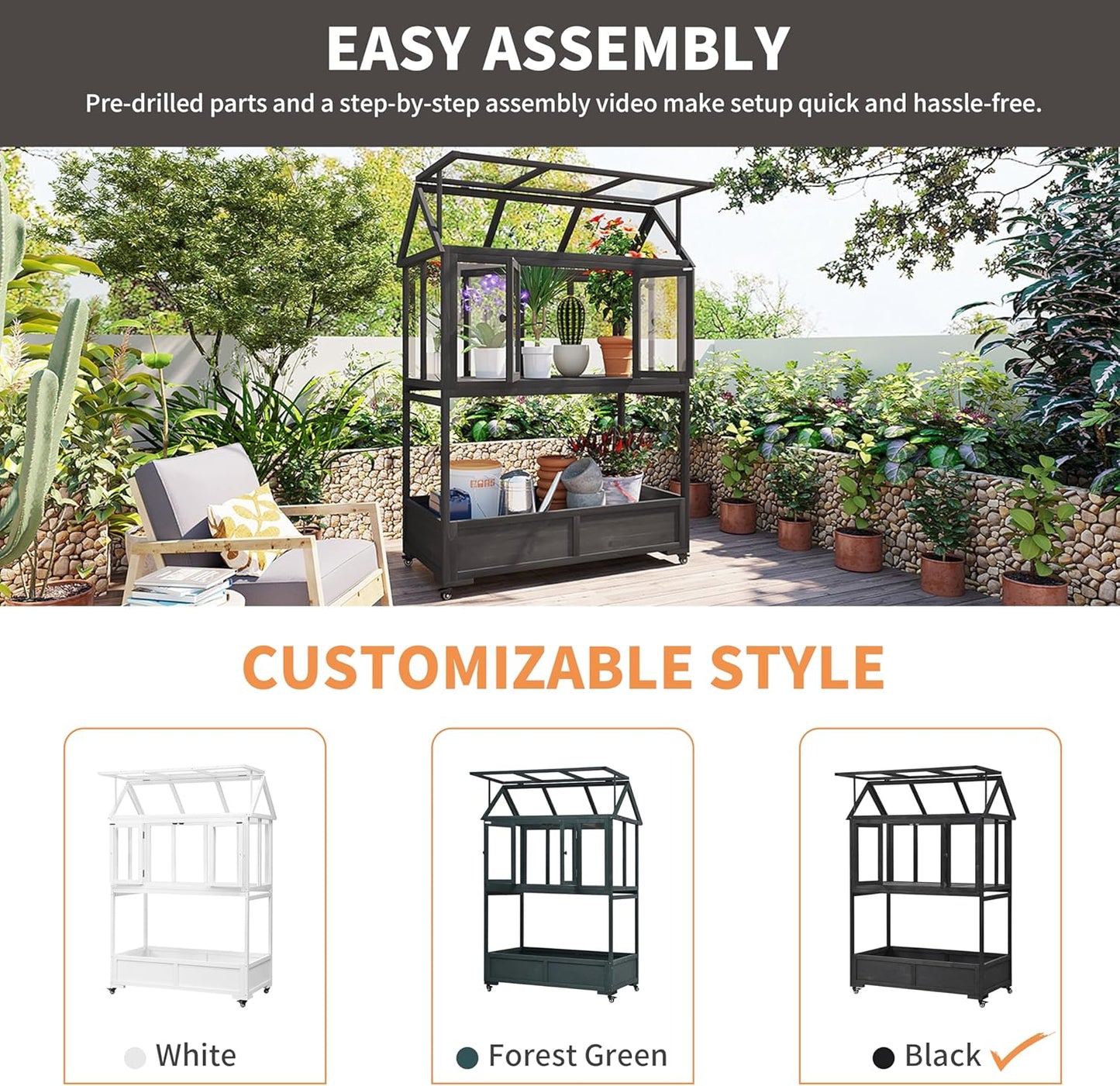 Greenhouse Cold Frames with Wheels - Adjustable Shelves Portable Cold Frame for Balcony/Patio, UV-Resistant Indoor Outdoor Plant Growing Cabinet (Large, Heavy-Duty) (Black)