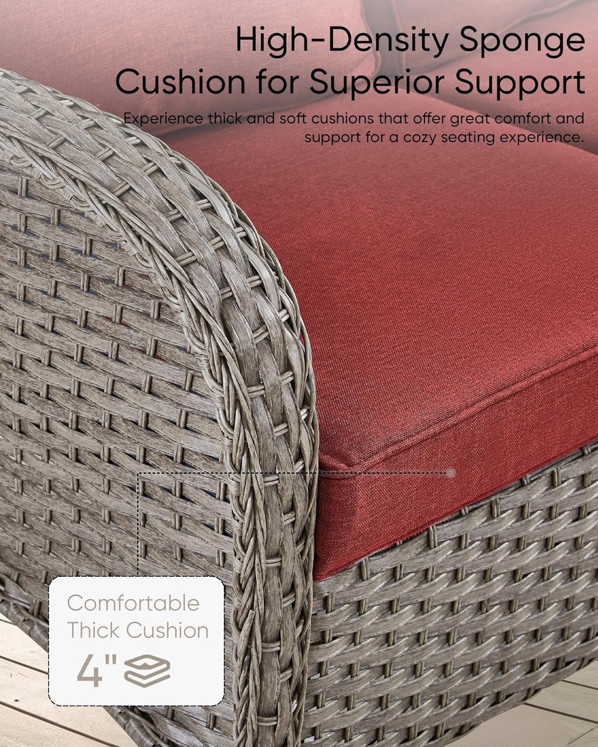 HUMMUH 6 Pieces Outdoor Patio Furniture-PE Rattan Wicker Sofa with Patio Swivel Rocking Chairs Patio Furniture for Deck Lawn Porch Balcony Poolside-Grey/Red