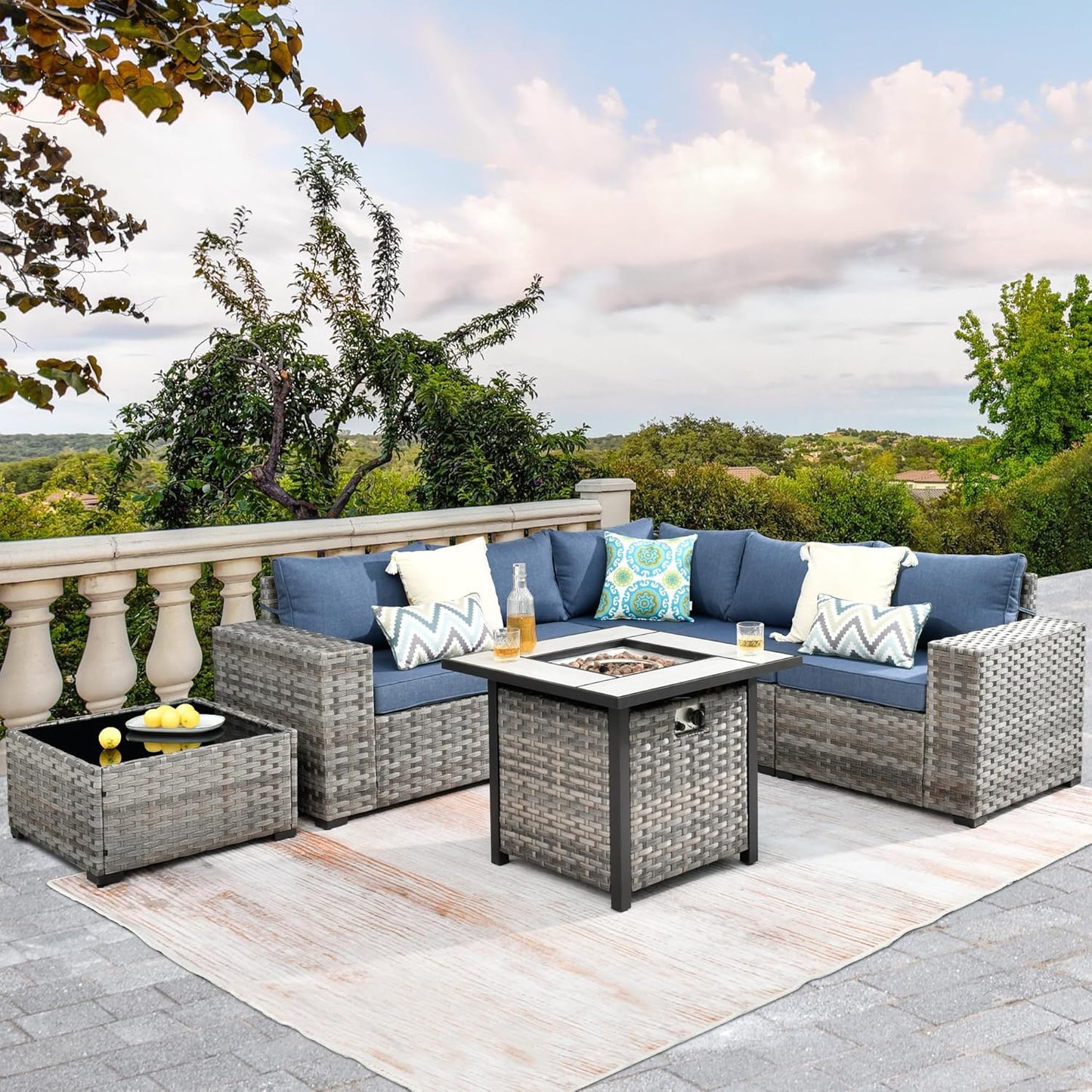 HOOOWOOO Modular Patio Outdoor Sectional Furniture Set with Gas Propane Fire Pit Table,7 Piece Wicker Conversation Sofa Set,Out Door Couch Set with Wide Arm Outside(Denim Blue)